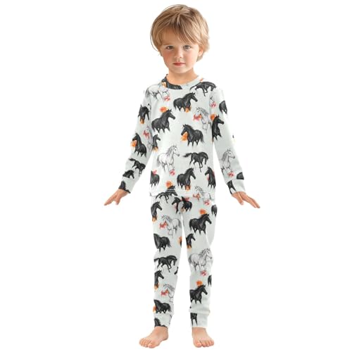 ODAWA Kids Black White Horses Long Sleeve Tee and Pant 2-piece Set Fall Outfits 18M3