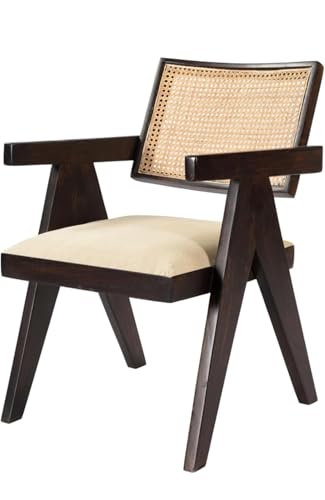 Image of Modern Cane Back Accent Chair, Black Wood Frame with Natural Rattan, Ivory Cushioned Seat, Contemporary Living Room Furniture
