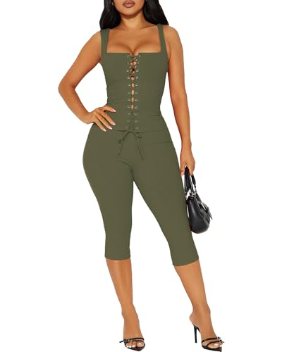 Image of 2 Piece Sets for Women Sexy Ribbed Crop Tops High Waist Bodycon Capri Pants Womens Summer Outfits Clubwear