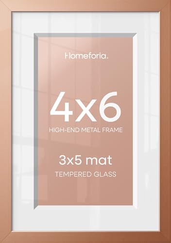 Image of Homeforia Rose Gold 4x6 Picture Frame, High End Metal 4 x 6 Frames with Mat 3 x 5 for Print, 4by6 Desk Frame Matted to 3x5 inch Photo, 4 by 6 Wall or Tabletop Frame, Tempered Glass, Wall Kit, Set of 2