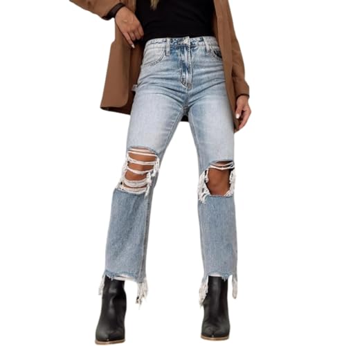 Jeans Pants Trousers Denim Trendy Washed Hole High Waist Loose Straight Pants