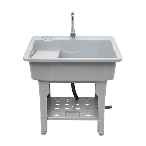 Évier de Cuisine autoportant en Acier Inoxydable, bac Utilitaire, bac à Linge en Plastique avec Planche à Laver, Robinet d'eau Chaude et Froide, tuyaux et...