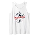 Graphique de cyclisme rétro Mont Ventoux France avec la route emblématique du sommet, la silhouette de la montagne, les détails du cycliste, l'élévation de 1912 m et le gradient raide de 13 % inspiré des légendaires ascensions cyclistes sur route en Provence