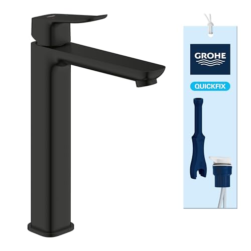 GROHE Dice Waschtischarmatur hoch wassersparend (Wasserhahn für das Bad Badarmatur mit Zugstangen-Ablauf 27cm hoch 3in1 Werkzeug einfache Installation am Waschbecken) mattschwarz 1018922430