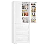 FOREHILL Küchenschrank Vorratsschrank Buffetschrank mit 3 Schubladen, 8 Türregalen und 2 Türen, Mehrzweckschrank für Küche, Esszimmer, Badezimmer und Wohnzimmer, 60x40x150cm, Weiß