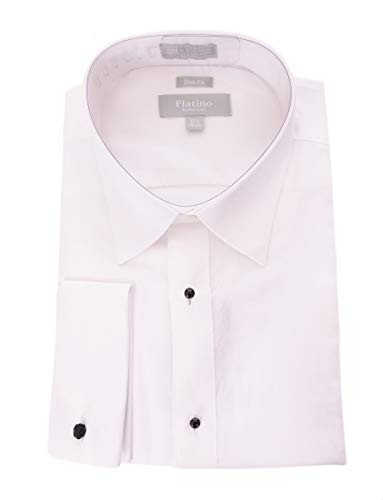 Marquis Slim Fit White Textured Spread Collar French Cuff Cotton Tuxedo Shirt