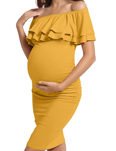 KIM S Maternity Dress Baby Shower Dress Maternity Dress for Photoshoot Wedding Maternity Dresses Ruffle Maternity Dress Spring and Summer Yellow S