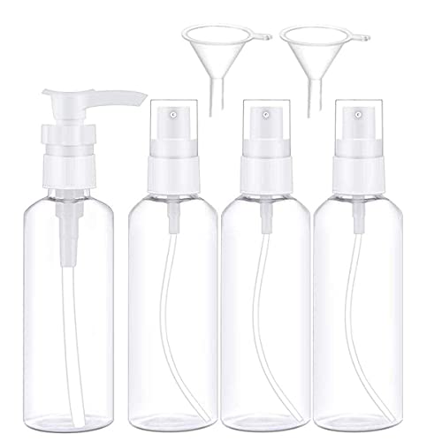 3.4 oz Travel Size Fine Mist Spray Bottles and Leak Proof Pump Bottle with Small Funnels for Essential Oils and Cleaning Solutions, Clear Plastic Containers for Homemade Cleaner and Skin Care Products