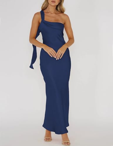 Image of 2026 Satin One Shoulder Maxi Dress for Women Summer Silk Formal Elegant Backless Ruffle Sleeveless Wedding Guest Dresses