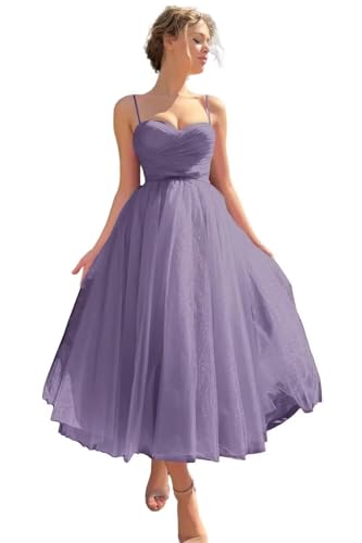 Image of A line Ruched Tulle Prom Dress Spaghetti Straps for Women, Tea Length Sweetheart Homecoming Dress Cocktail Dress