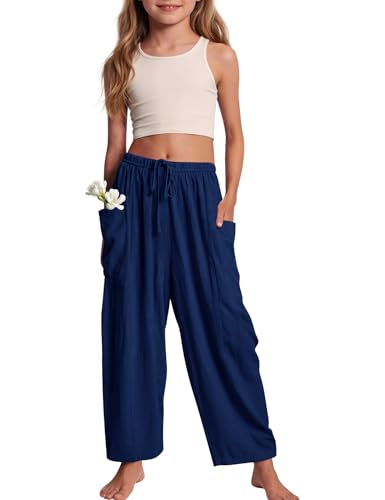 Image of COZYPOIN Girl's Wide Leg Pants Elastic Waist Loose Fit Flowy Casual Beach Palazzo Harem Trousers with Pockets 5-14 Y