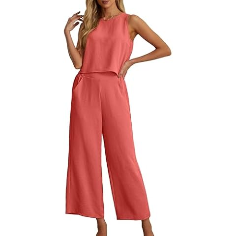 IWOLLENCE Women's Summer 2 Piece Outfits Set Round neck Sleeveless Tank Crop Top Wide Leg pants Set Pockets Jumpsuits Coral Red Medium Cover