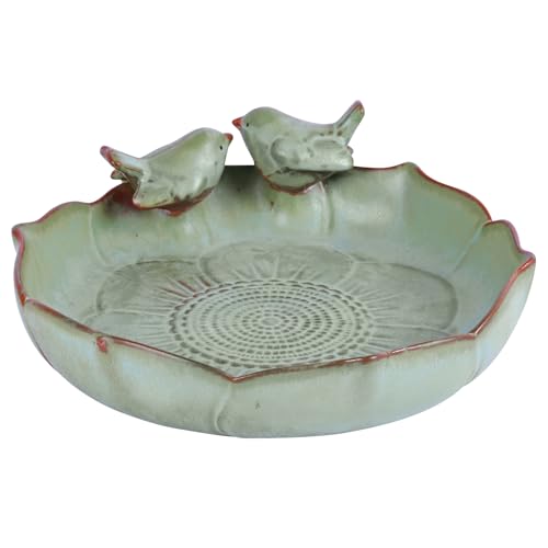 Ceramic Bird Bath Bowl with Perched Birds - Premium Outdoor Tabletop Birdbath Basin in Weather-Resistant Glaze - Usable on Ground, Deck or Tabletop