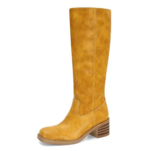 DOEYG Women's Banana Knee High Boots Square Toe Chunky Block Heel Tall Boots Wide Calf Fashion Comfortable Casual Pull on Long Boots