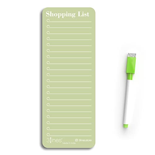 3 Lines Grocery Shopping List Fridge Magnet With Marker|Smart Planning & Shopping for family, working professionals|Personal Organisers,To Do List|Size 9x24 cms Acrylic Board |Kiwi Color| R| 1 Piece