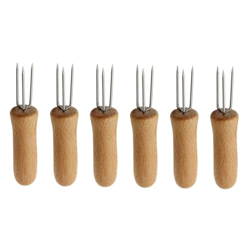 SEWOART 6 piezas Soporte para Mazorcas de Maíz con Mango de Madera Tenedores de Acero Inoxidable Accesorios Barbacoa Portátiles para Sujetar Frutas y Verduras