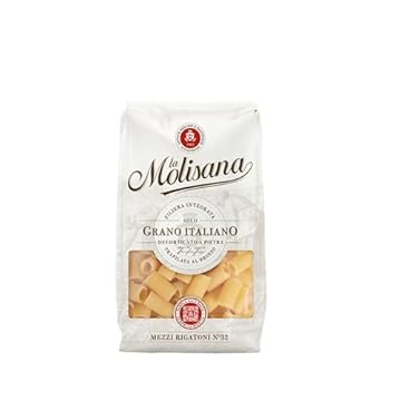 La Molisana, Mezzi Rigatoni n. 32, Pasta da Solo Grano Italiano - Trafilata al Bronzo, Ruvida e Tenace con Eccellente Tenuta in Cottura - Confezione da 500 g