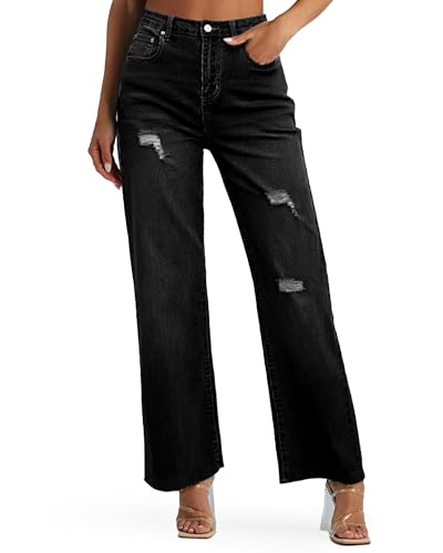 Genleck Women's Wide Leg Jeans Casual High Waisted Stretchy Jeans Straight Leg Denim Pants with Pockets