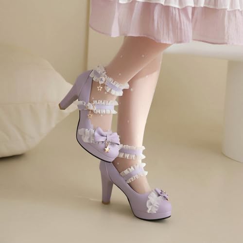 Aflngle Women's Lolita Bow Mary Jane Pumps Round Toe Closed Platform Chunky Block Heels Kawaii Sweet Cute Lace Ankle Strap Wedding Party Prom Dress Shoes3