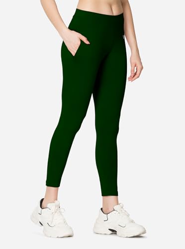 Image of VSTAR PL02 Women Ankle Length Stretchable Slim Fit Leggings with Secured Side Pocket | Moisture-Wicking | Soft Waistband & Cotton-Elastane Fabric | L | Bottle Green