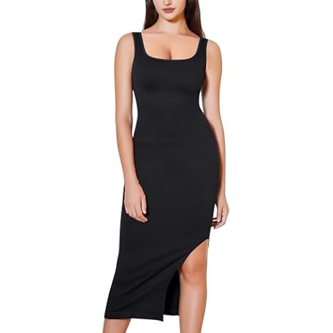 Eleady Long Black Dress with Side Slit Sleeveless Casual Night Out Dresses Shapewear Square Neck Bodycon Dresses - Large Cover