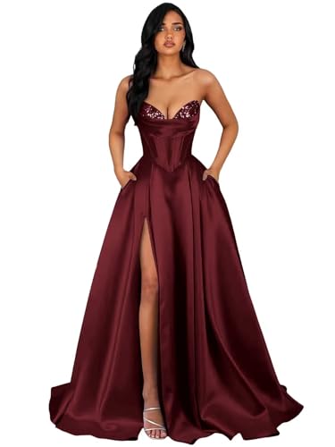 Mmufk Long Prom Dresses for Women Satin Strapless Pleated Party Dress with Slit Burgundy Sequin...