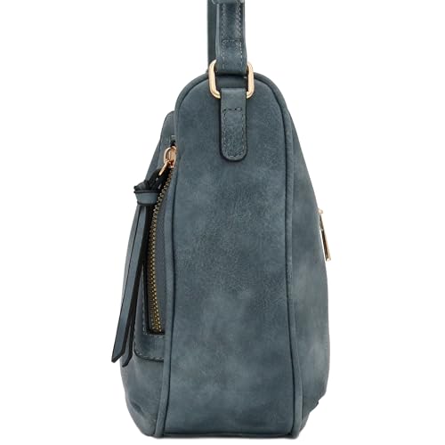 Image of Faux Leather Two Front Zipper Pocket Crossbody Saddle Bag (BlueGrey)