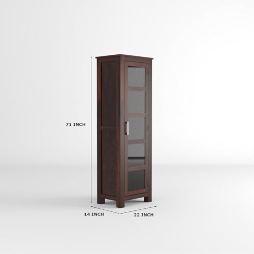 Image of Sheesham Wood Corner Book Shelf with Acrylic Glass Door | Wooden Sideboard Crockery Cabinet with 5 Shelf Storage | Kitchen Display Unit | Bookshelf for Home Library | Walnut Finish