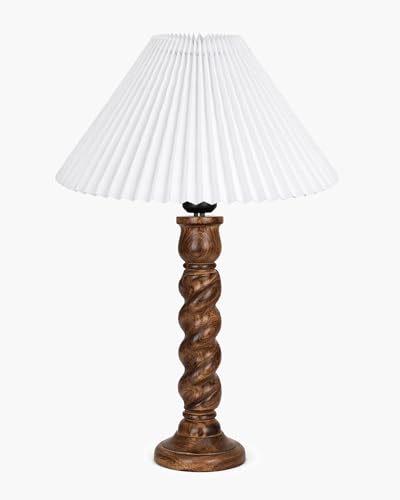 Image of Homesake Classic Twister Wooden Table Lamp with Shade | Handcrafted Bedside Lamp, E27 Holder| Bulb Included |Warm Light Night Lamp, Bedroom, Living Room, Study & Home Decor, (Pleated White)