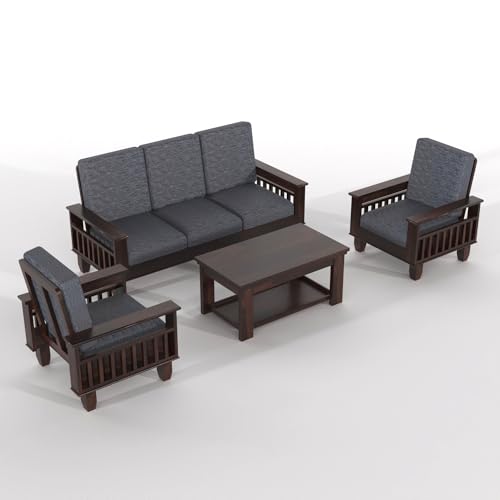 Image of Sheesham Wood 5 Seater Cushioned Sofa Set 3+1+1 Sofa Set | Wooden Sofa for Living Room, Home (PG- Walnut Finish)