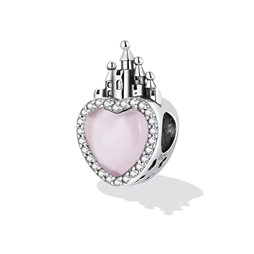 Pink Fairy Tale Princess Charms for Bracelets and Necklace, Dangle 925 Sterling Silver Cubic Zircon Cute Cartoon Princess Dress/Magic Mirror/Makeup Box/Love Heart/Caste Pendant Beads for Women