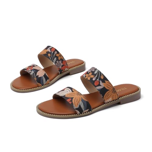 Image of Tilocow Women's Flat Sandals Two Strap Summer Dressy Studded Slide Sandals Open Toe Cute Casual Slip on Comfort Shoes for Beach Travel Daily Wear