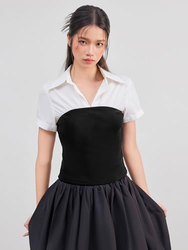 CIDER Shirts for Women Solid Collar Two Tone Patchy Regular Fit Short Sleeve Knit Shirt Blouse Tops4