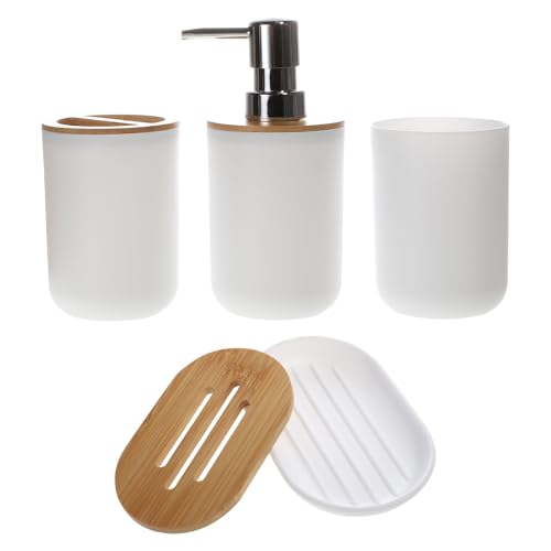 BESPORTBLE Juego de Accesorios para Baño Blanco de 4 Piezas Botella de Loción Jabonera Vaso para Cepillos de Dientes y Vaso para Enjuague Material Resistente y Fácil de Limpiar Adecuado