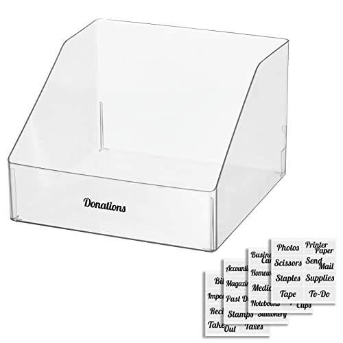 Mdesign Plastic Slanted Open Front Office/Classroom Storage Container Organizer For Pens, Tape, Sticky Notes, Pencils, Highlighter Tape, Lumiere Collection, Includes 1 Bin + 32 Adhesive Labels, Clear #TOP6