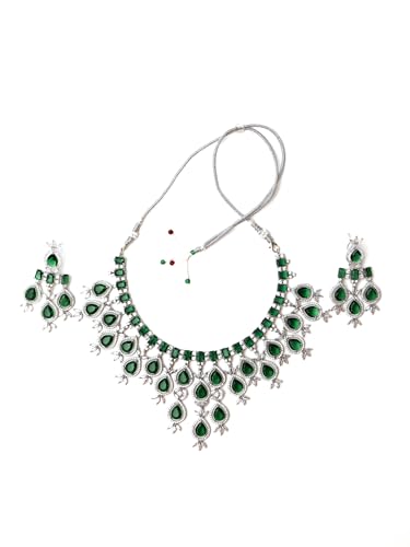 Image of Green Stones Reverse AD Necklace Set with Earings