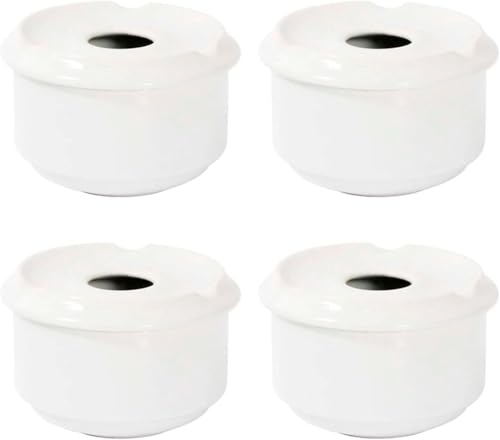pcmoviles – Pack de 4 Ceniceros Redondos de Cerámica Blanca con Tapa | 11 x 6 cm | Cenicero con Muescas para Cigarros | Interior y Exterior | Hostelería y Hogar