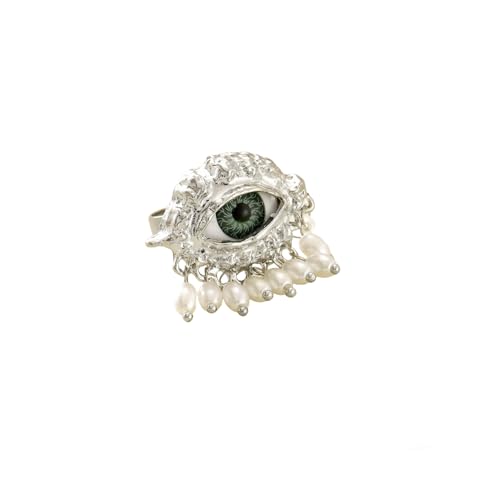 MYANAIL Devil's Eye Ring for Woman 18K Gold-Plated or Silver Pearl Tassel Ring 3D Evil Eye Charm Finger Rings Large Chunky Adjustable Open Rings Charming Personalized Jewelry Accessory Gifts (Silver)