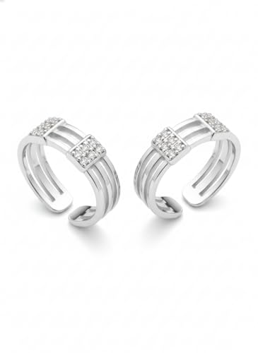 Image of Parnika 925 Sterling Silver Adjustable Toe Ring for Women | Triple Band CZ Studded Open Toe Ring | Hallmarked Pure Silver Foot Jewelry
