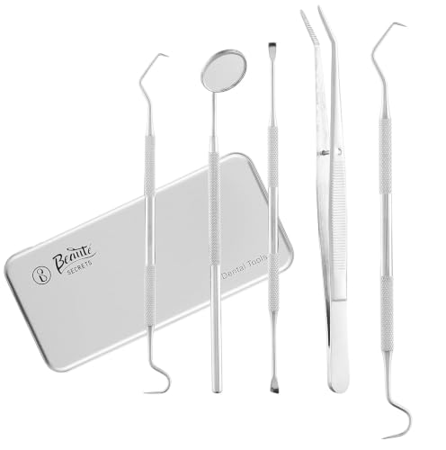 Image of Beaute Secrets Dental Tools, Dental Pick Set 5Pcs Tooth Scraper Dental Hygiene Kit, Stainless Steel Teeth Cleaning Kit with Metal Case for Plaque Tartar Removal for Personal & Pets Use