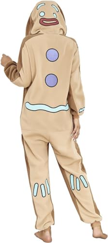 Creaion Adult Gingerbread Man Costume Shrek Christmas Gingerbread Onesie One Piece Pajamas for Family Women Men Cosplay Costume