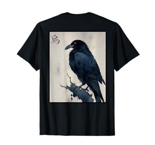 Vintage Japonés Paisaje Negro Cuervo Kanji ART BACK Camiseta