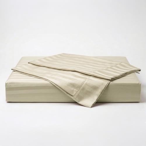 Image of LANE LINEN 100% Cotton Super King Elastic Fitted Bedsheet with 2 Pillow Cases | Damask Stripe 3pc Bedding Set- 1.83M x 1.98M + 30cm Deep Pocket | Breathable Fabric | Oeko-TEX Certified - Linen