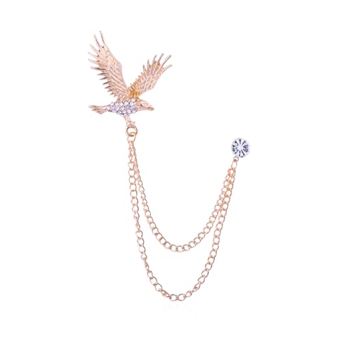 Image of Vintage Hawk Chain Brooch Pin Animal Eagle Bird Long Chain Tassel Suit Lapel Pin Rhinestone Hawk Badge Pin Jewelry for Men Women