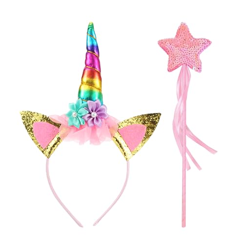 MaNeaz goldenes Einhorn-Haarreif-Set mit Glitzer-Zauberstab Kostüm-Accessoire für Damen/Mädchen Halloween Karneval Fasching Einhorn Haarreif Geschenk