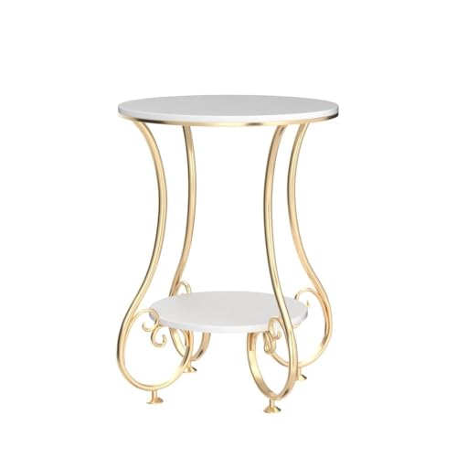 Image of Avion 2-Tier Round End Table with Storage Shelves for Living Room Bedroom Accent Coffee Sofa Table for Small Spaces,Round Nightstand with Metal Frame Gold White