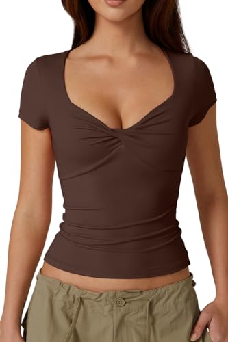QINSEN Women's Sexy Twist Front V Neck T Shirts Double Lined Shor...