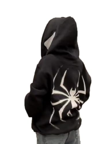 Crancious Y2K Spider Print Oversized Hoodie - Unisex Gothic Harajuku Sweatshirt with Spider Zipper Design (Medium Black-white letter)