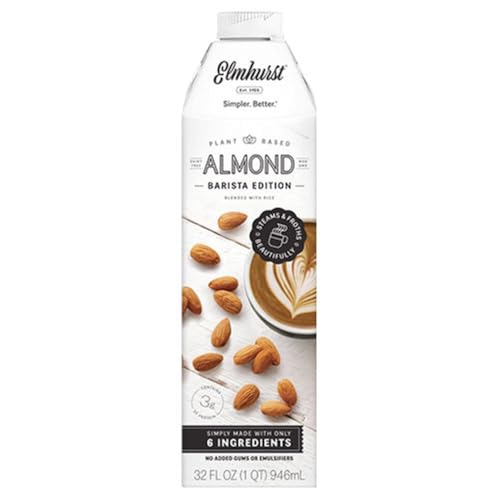 Elmhurst 1925 Almond Milk Barista Edition – 32oz (6-Pack) Plant-Based, Vegan, Dairy-Free, Kosher, Gluten-Free, Non-GMO, Froths for Lattes & Iced Coffee, 3g Protein per Serving, Simple Ingredients