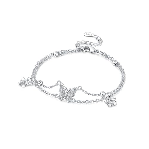 MISEFF Womens Sterling Silver Butterfly Double Layer Bracelet with Cubic Zirconia, Daily Jewelry Gift for Girlfriend-Mom, Adjustable Silver Bracelet for Women (Silvery - Butterfly Double Chain)